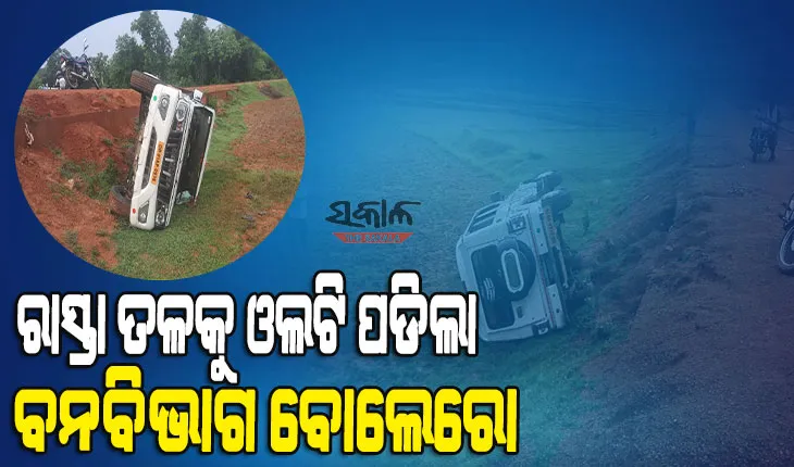 ହାତୀ ସୁରକ୍ଷା କାର୍ଯ୍ୟ ସାରି ଫେରିବା ବେଳେ ରାସ୍ତା ତଳକୁ ଓଲଟି ପଡିଲା ବନବିଭାଗ ବୋଲେରୋ : ୨ ଗୁରୁତର, ୪ ଆହତ