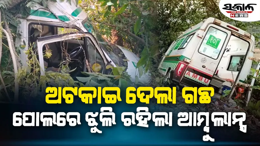 ଭାରସାମ୍ୟ ହରାଇ ପୋଲରେ ଝୁଲି ରହିଛି ଆମ୍ବୁଲାନ୍ସ, ଅଟକାଇ ଦେଲା ଗଛ
