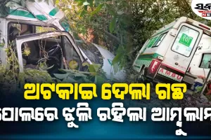 ଭାରସାମ୍ୟ ହରାଇ ପୋଲରେ ଝୁଲି ରହିଛି ଆମ୍ବୁଲାନ୍ସ, ଅଟକାଇ ଦେଲା ଗଛ
