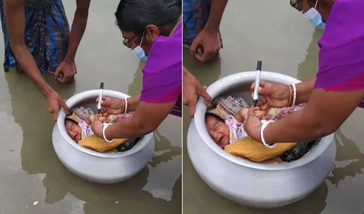 ଭାଇରାଲ ଫଟୋ: ହାଣ୍ଡି ଭିତରେ ଶିଶୁକୁ ରଖି ଦିଆଯାଉଛି ପୋଲିଓ ଟିକା