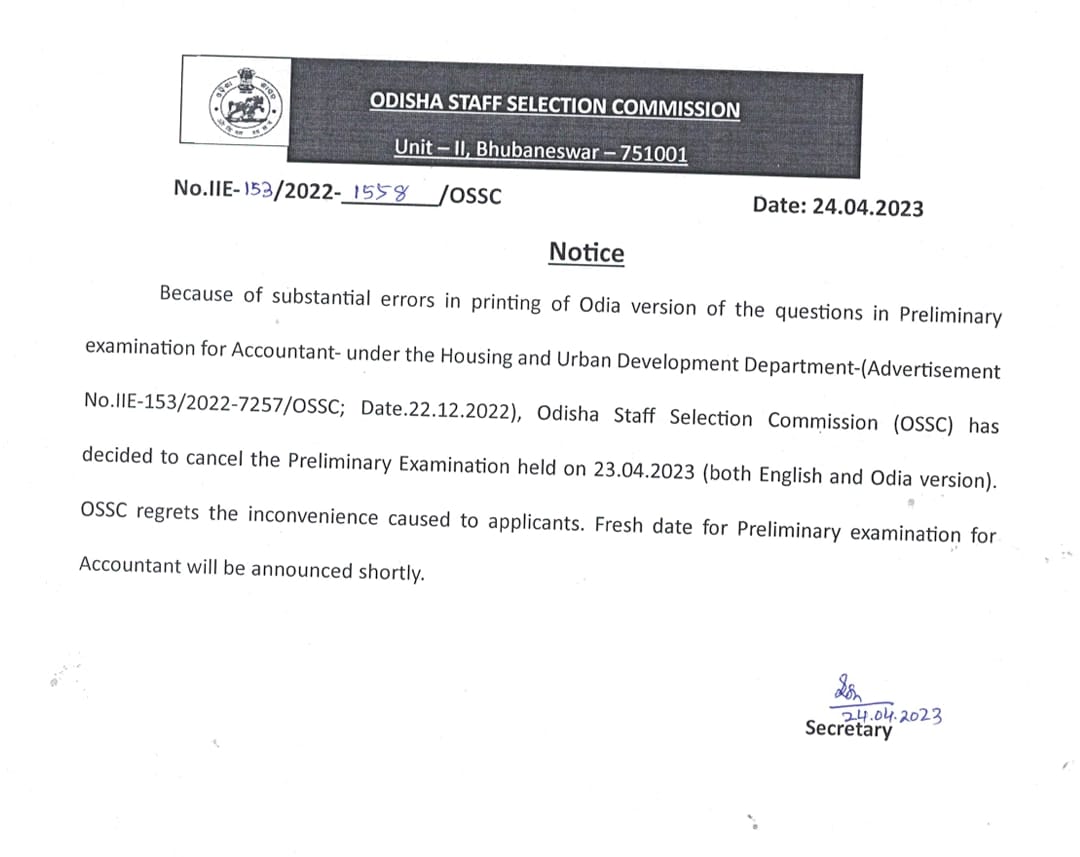 OSSC cancels prelim exam of accountant after question paper errors