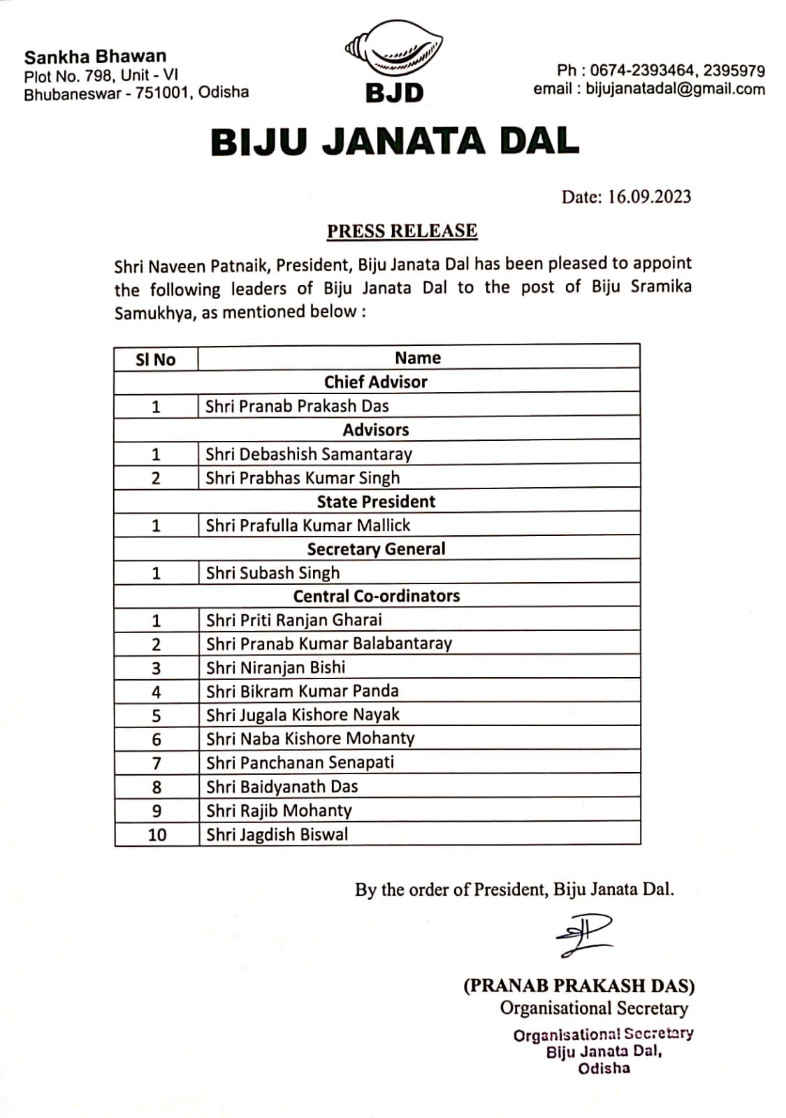 Biju Labor Samukhya reorganized, Pranab Prakash Das chief adviser