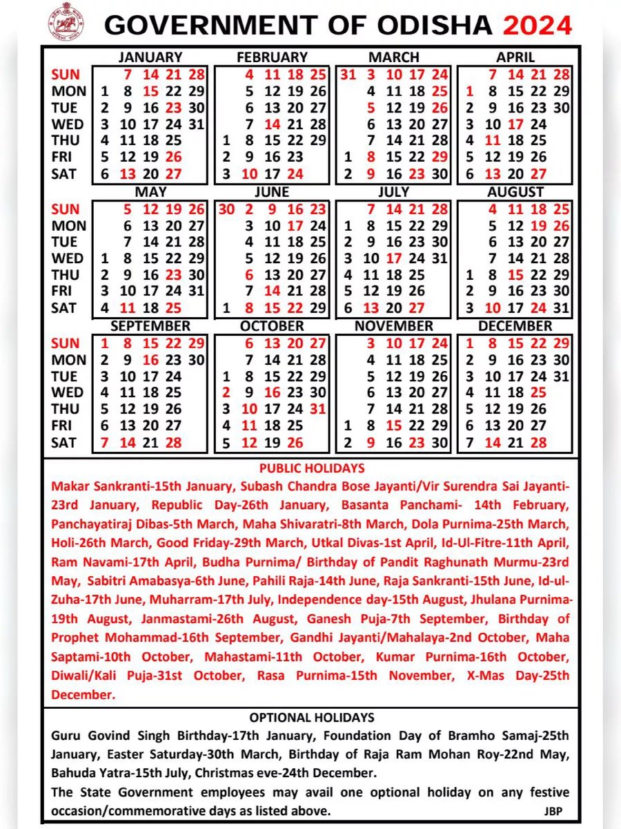 Odisha Govt Calendar 2024