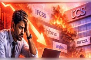 AI ସଙ୍କଟରେ କମ୍ପିଲା ସେୟାର ବଜାର: TCS ଓ Infosys ଧରାଶାୟୀ, ନିବେଶକଙ୍କ ବୁଡ଼ିଲା ଲକ୍ଷେ କୋଟିରୁ ଅଧିକ ଟଙ୍କା